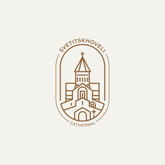 Svetitskhoveli Cathedral in Mtskheta, Georgia. Historic sight showplace in simple line art, logo template. Vector illustration design, World countries cities, vacation, travel, sightseeing, icon.