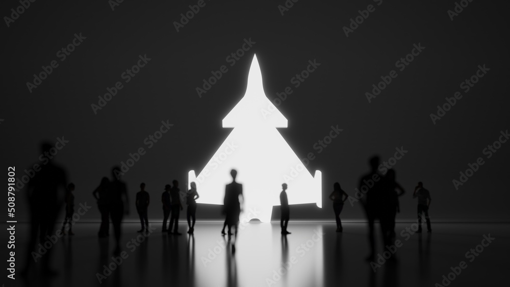 Poster 3d rendering people in front of symbol of fighter plane on background