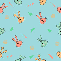 Obraz premium cute many rabbit head animal seamless pattern blue and green object wallpaper with design sea blue.