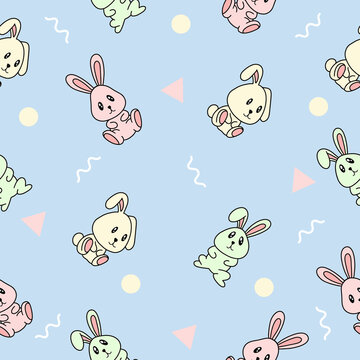 cute many rabbit animal seamless pattern object wallpaper with design pastel blue.