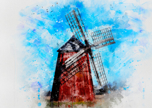 Old wooden mill, watercolor art
