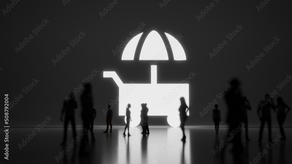 Poster 3d rendering people in front of symbol of food stall on background