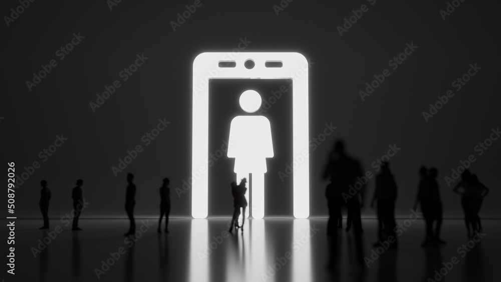 Poster 3d rendering people in front of symbol of frame metal detector on background