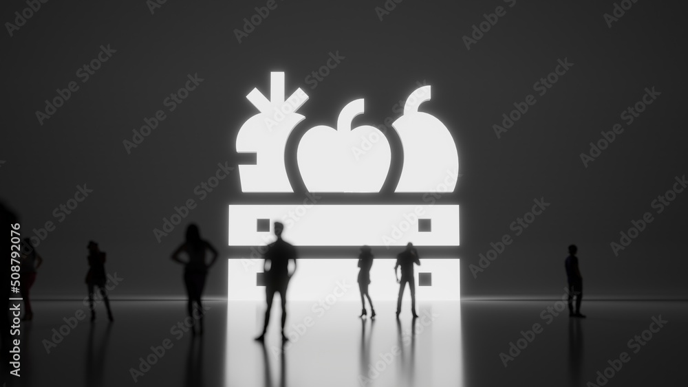 Poster 3d rendering people in front of symbol of fruit and vegetable in box on background