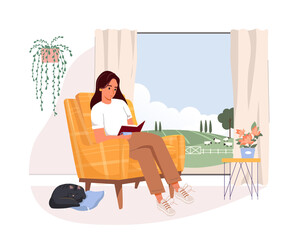 Person reading book, sitting in cozy armchair by window in living room. Woman in chair at home with literature and coffee cup. Businesswoman reader. Flat vector illustration isolated on white  