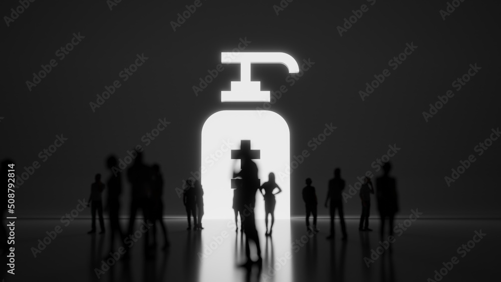Poster 3d rendering people in front of symbol of hand sanitizer on background