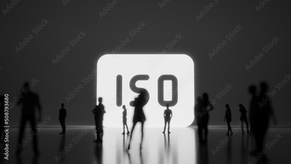 Poster 3d rendering people in front of symbol of iso camera on background