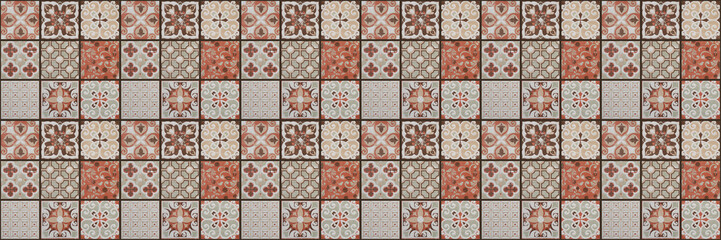 Old seamless orange vintage worn geometric shabby mosaic ornate patchwork motif porcelain stoneware...
