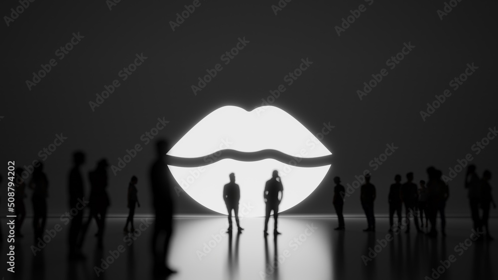 Poster 3d rendering people in front of symbol of lips on background