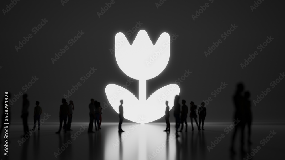 Poster 3d rendering people in front of symbol of makro or tulip on background