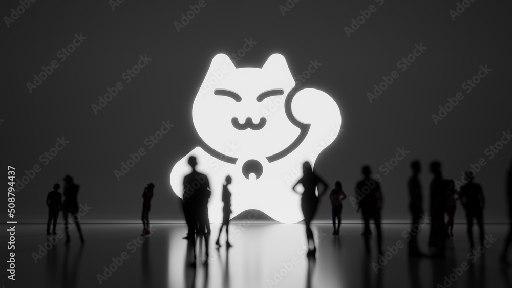 Poster 3d rendering people in front of symbol of maneki neko on background
