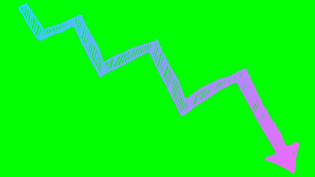 Animated pink and blue arrow. Recession chart of economy. Economic crisis, recession, decrease graph. Profit down. Hand drawn vector illustration isolated on green background.
