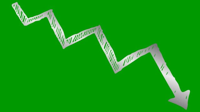 Animated silver arrow. Recession chart of economy. Economic crisis, recession, decrease graph. Profit down. Hand drawn vector illustration isolated on green background.