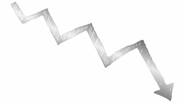 Animated silver arrow. Recession chart of economy. Economic crisis, recession, decrease graph. Profit down. Hand drawn vector illustration isolated on white background.