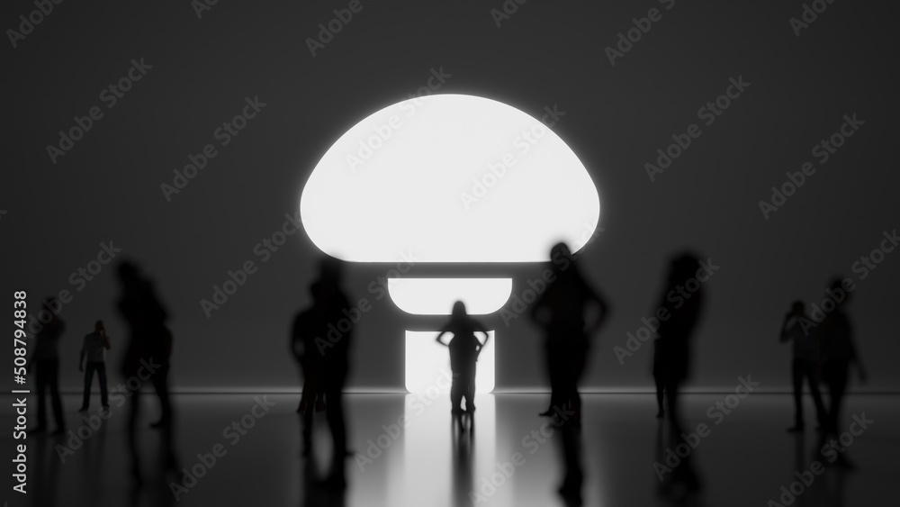 Poster 3d rendering people in front of symbol of mushroom on background