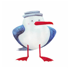 Vector old pirate with smoking pipe in cocked hat. Funny seagull character for marine theme. Bird in neckerchief and bandana. Isolated.