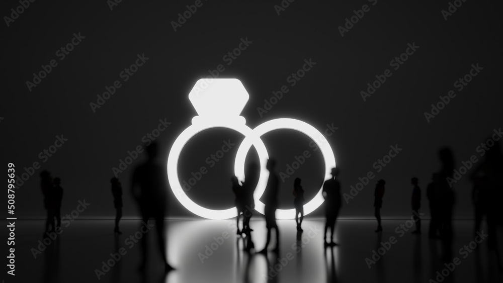 Poster 3d rendering people in front of symbol of proposal rings on background