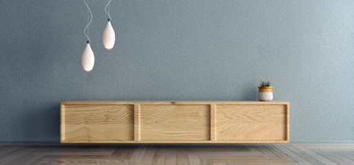 Luxury Interior Living Rest Room Wooden Cabinet On Parquet Floor With Blue Wall Light Hanging Elements Daylight 3D Rendering