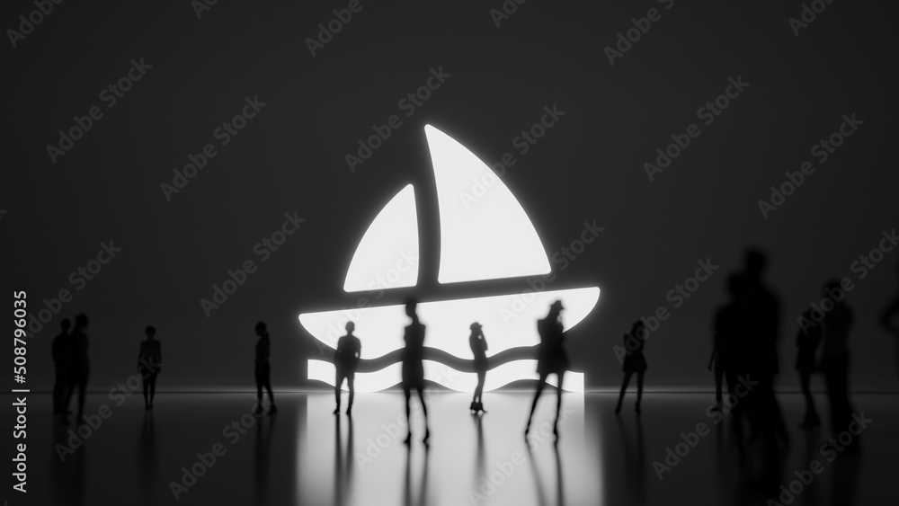 Poster 3d rendering people in front of symbol of sailboat on background