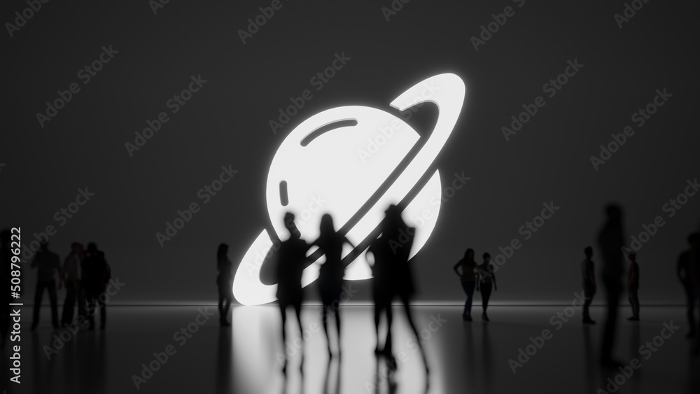 Poster 3d rendering people in front of symbol of saturn on background