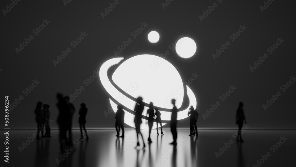 Poster 3d rendering people in front of symbol of saturn planet on background