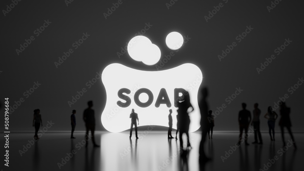 Poster 3d rendering people in front of symbol of soap bar on background
