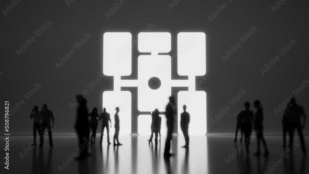Poster 3d rendering people in front of symbol of space station on background