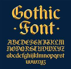 Golden beveled gothic font, decorative metallic 3d blackletter typeface. Uppercase and lowercase. Vector illustration. 