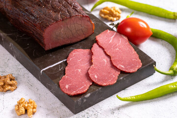 Dry meat. Dried meat made from ribeye meat. Close-up. local name kuru et