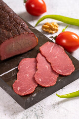 Dry meat. Dried meat made from ribeye meat. Close-up. local name kuru et