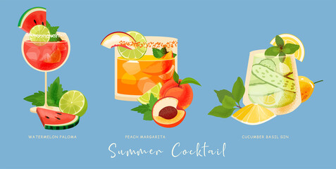 Summer cocktails vector set. Tropical drink glass with lemon, watermelon, lime, mint, peach, cucumber, gin, margarita, paloma, soda. Everything you need for party