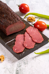 Dry meat. Dried meat made from ribeye meat. Close-up. local name kuru et