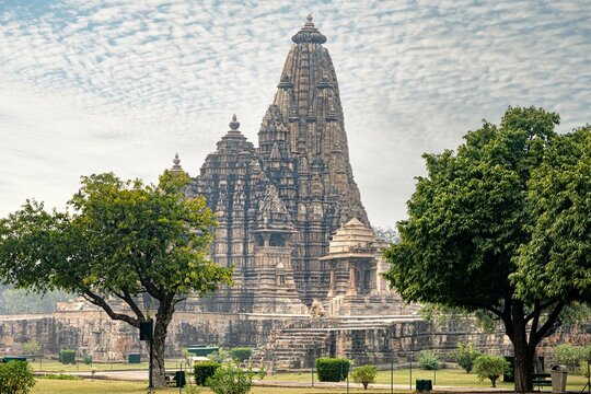 Kandariya Mahadev Temple, Western Group of Temples, Khajuraho, Madhya Pradesh, India, showcasing intricate ancient Hindu temple architecture and detailed stone carvings.