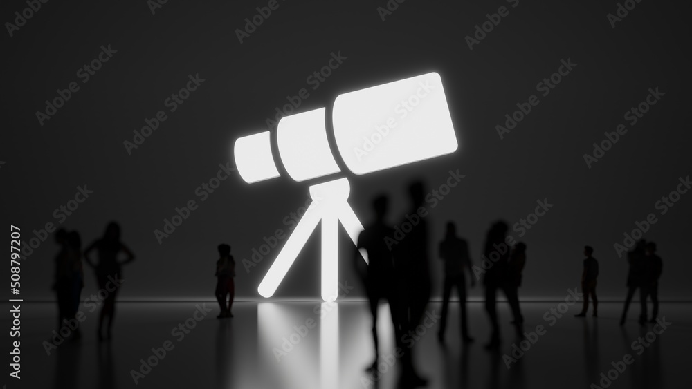 Poster 3d rendering people in front of symbol of telescope on background