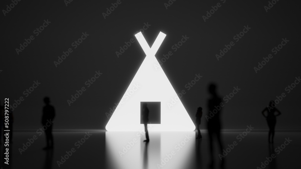 Poster 3d rendering people in front of symbol of tent on background
