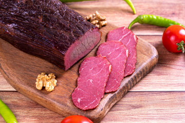 Dry meat. Dried meat made from ribeye meat. Close-up. local name kuru et