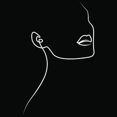 Face line minimalist black and white. A silhouette of woman head. Black background. One line drawing.