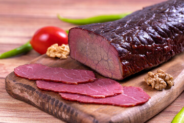 Dry meat. Dried meat made from ribeye meat. Close-up. local name kuru et