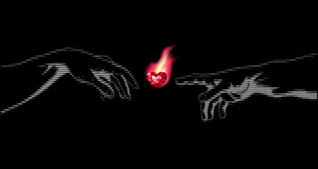 Hands of God and Adam going to touch together. Concept Divine touch and  creation in cyberpunk ASCII design  - obrazy, fototapety, plakaty