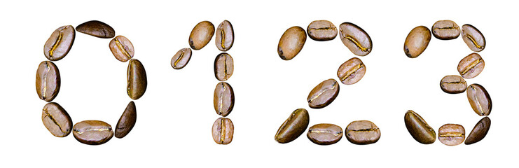 Numbers 0, 1, 2, 3 made from coffee beans