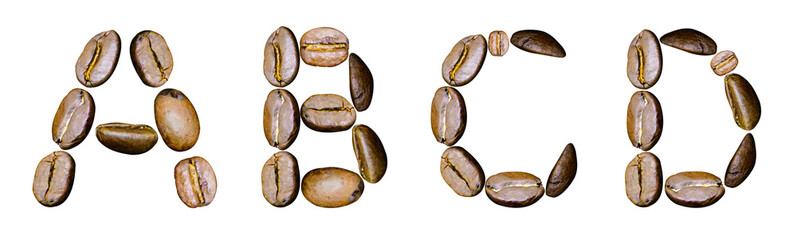 Letters A, B, C, D from coffee beans on a white background