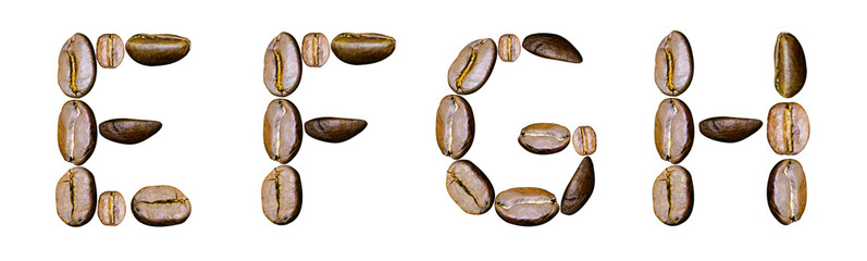 Letters E, F, G, H from coffee beans on a white background