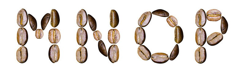 Letters M, N, O, P from coffee beans on a white background