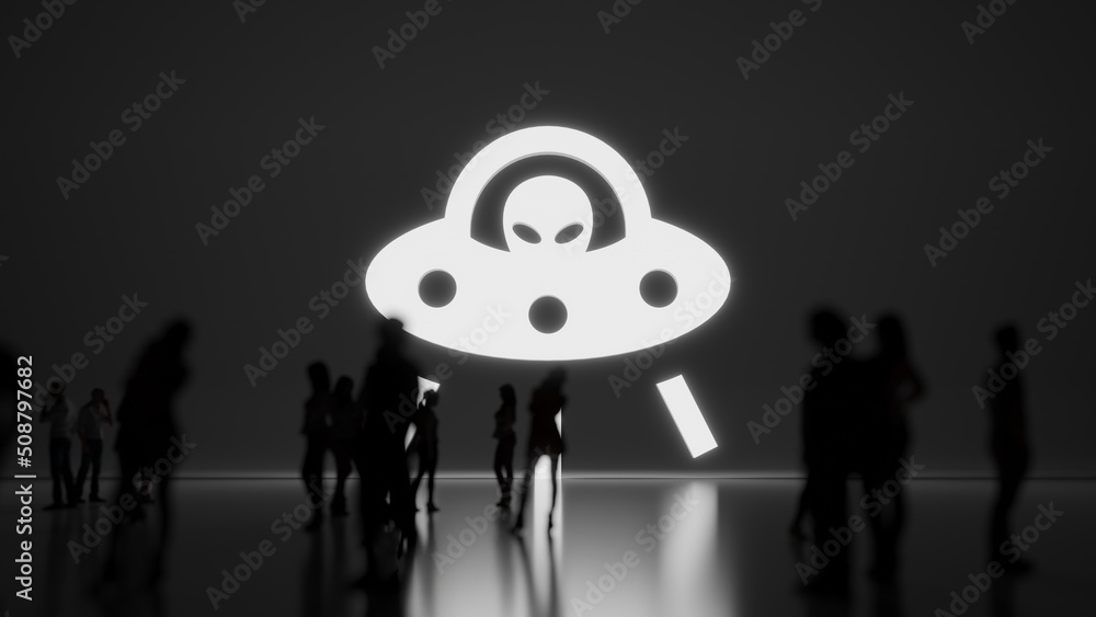 Poster 3d rendering people in front of symbol of ufo on background