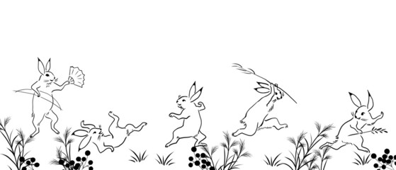 Fototapeta 鳥獣戯画風　かわいいウサギの線画イラスト obraz