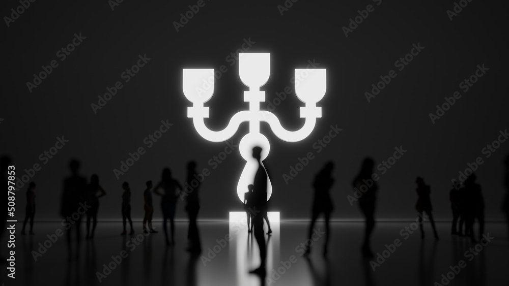 Poster 3d rendering people in front of symbol of vintage candelabra on background