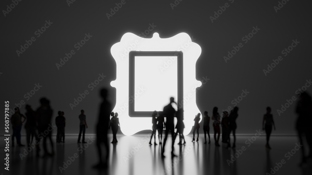 Poster 3d rendering people in front of symbol of vintage frame on background