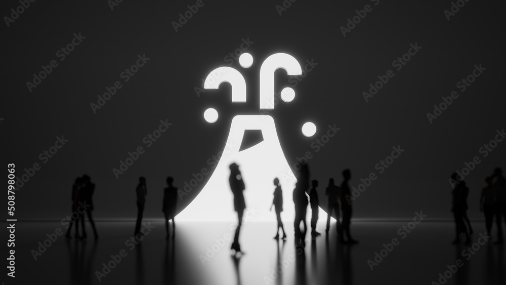 Poster 3d rendering people in front of symbol of volcano on background