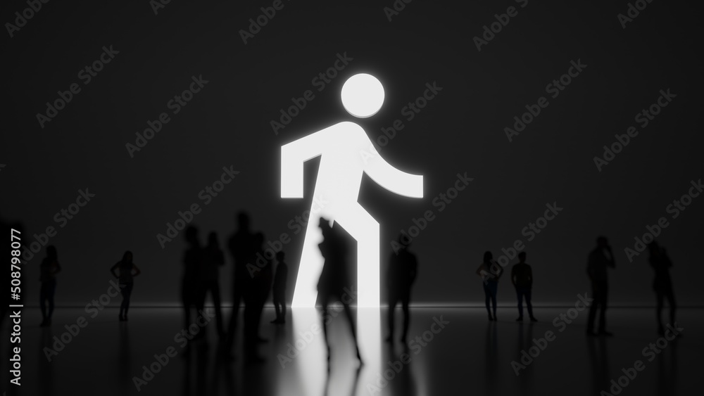 Poster 3d rendering people in front of symbol of walk on background