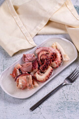 Octopus salad. Mediterranean cuisine delicacies. Octopus arms with olive oil on stone background. Close-up